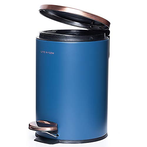Cubo de basura cilíndrico de baño con pedal de acero inoxidable azul y dorado