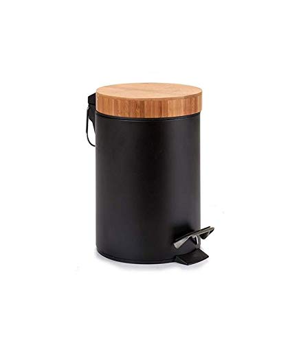 Cubo redondo de pedal negro para el baño con tapa de bambú