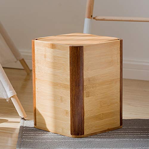 Papelera de bambú con tapa de bambú en un cuadrado elegante y un diseño bicolor de moda.