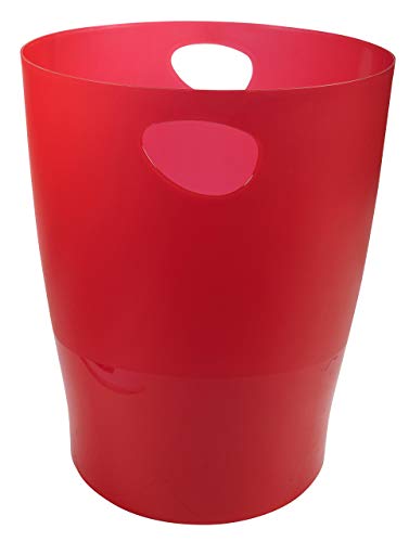 Papelera de plástico rojo transparente con asas y forma redonda